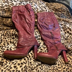 NaNa Burgundy High Block Heel Below Knee Boots with Side Ring Zip.